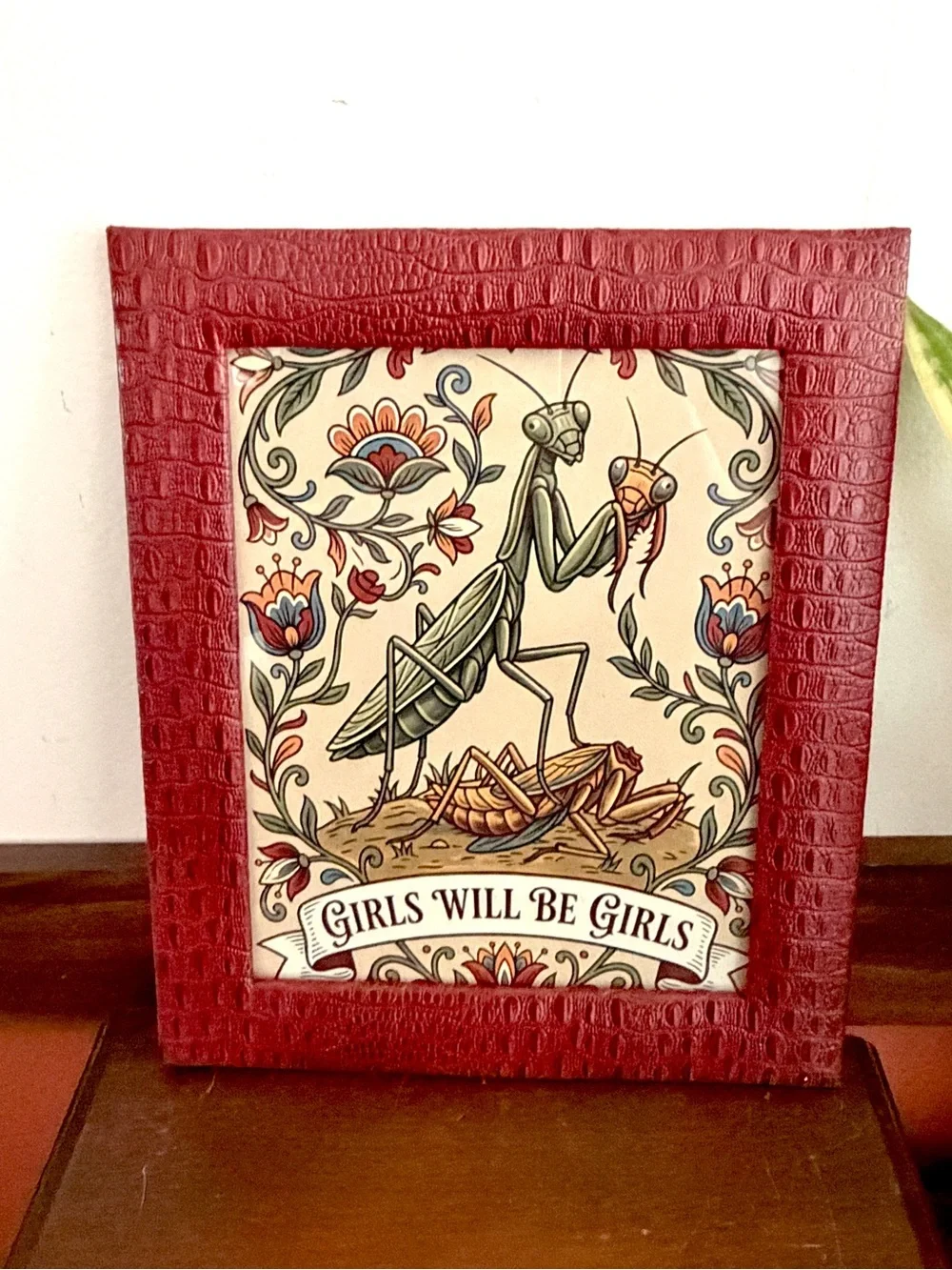 Girls Will Be Girls Praying Mantis Canvas Art Print Red Croc Faux Leather Framed